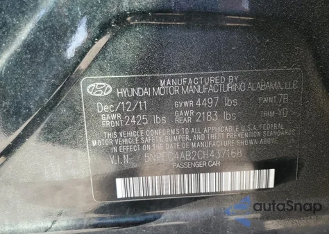 2012 Hyundai Sonata Se from USA, damaged, VIN 5NPEC4AB2CH437168